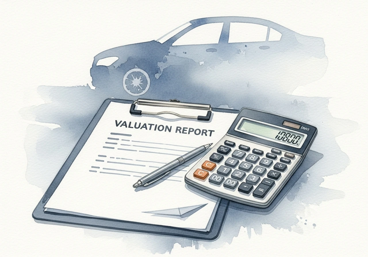 Watercolor illustration of automotive appraisal scene with clipboard, calculator, and car silhouette for vehicle valuation process