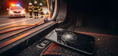 Accident scene with smartphone visible on damaged car floorboard with cracked screen reflecting emergency lights
