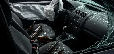 Interior view through open driver door of crashed vehicle showing beer bottles scattered on passenger seat, deployed airbag, and emergency lighting