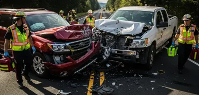 Aerial view of two severely damaged vehicles after a head-on collision on rural Oregon highway with emergency responders attending