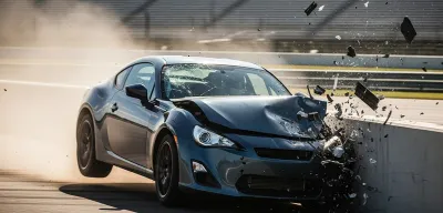 Professional photograph of high-speed single-car collision showing significant vehicle damage from highway crash