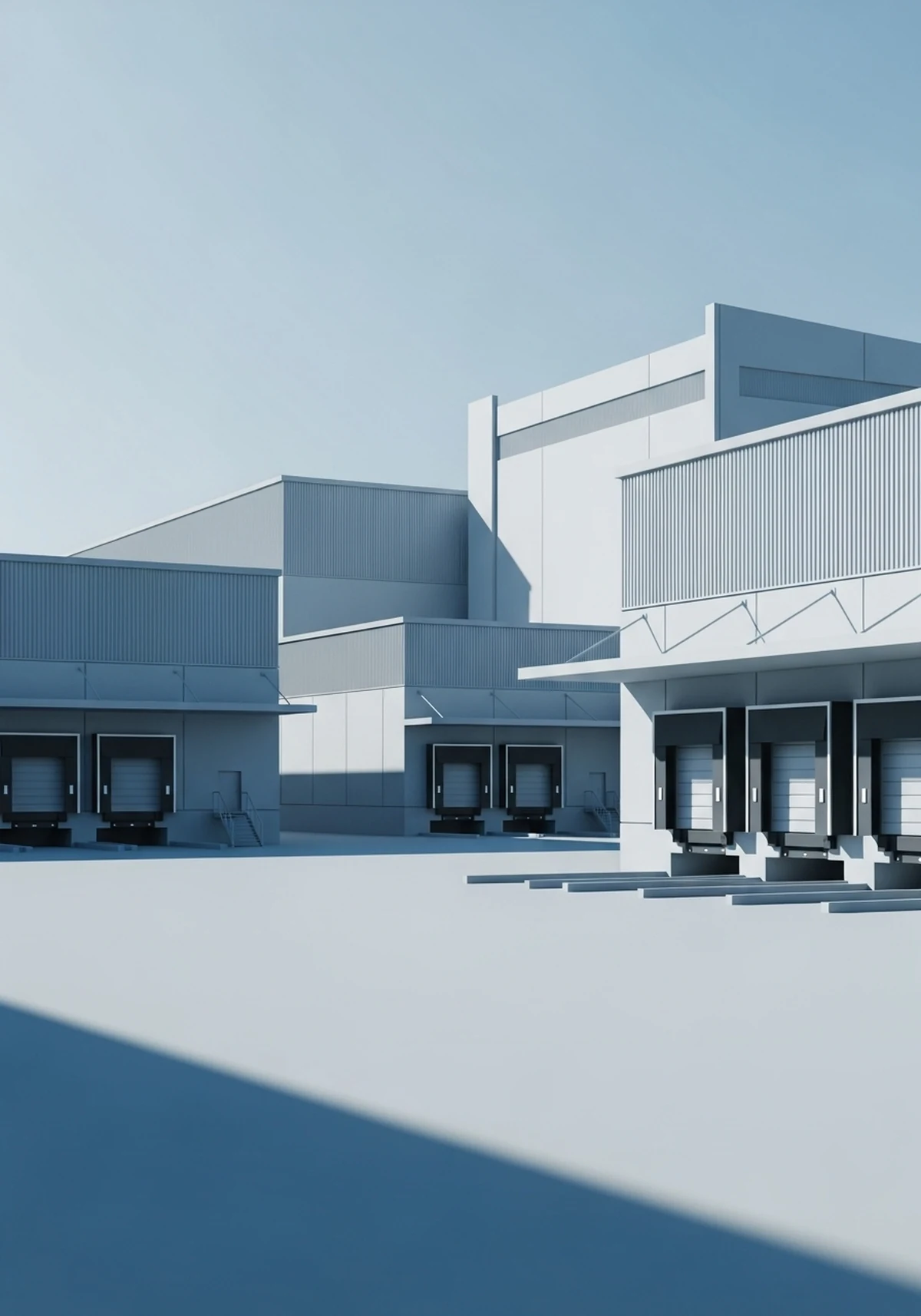 Minimalist industrial zone with warehouse buildings and loading docks representing Hillsboro's high-risk truck accident areas