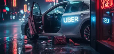 Damaged vehicle with visible Uber sticker at urban Portland intersection with emergency responders and smartphone showing rideshare app