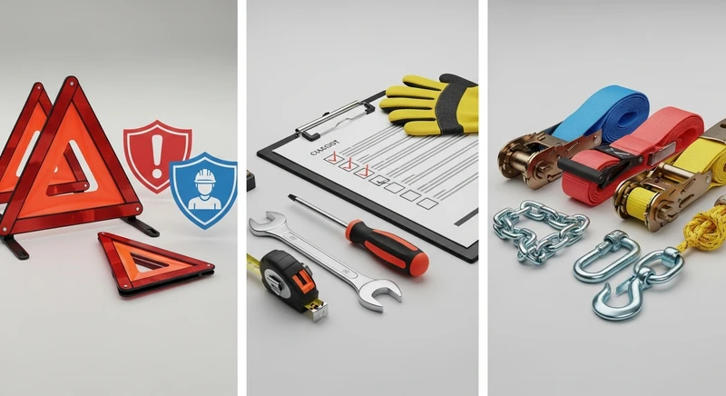 Three-panel illustration showing truck safety regulations, maintenance records, and cargo securement requirements for legal compliance